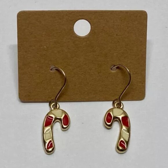Candy Cane Dangle Style Earrings Christmas Holiday Season Red White Gold Tone - Picture 10 of 12